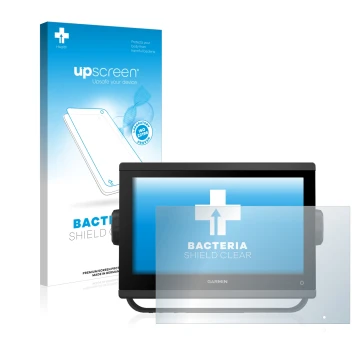 Parte frontal de un envase de producto con el logotipo de la marca upscreen. Al lado se muestra el dispositivo Garmin GPSMAP 9