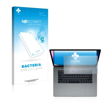 Parte frontal de un envase de producto con el logotipo de la marca upscreen. Al lado se muestra el dispositivo Apple MacBook P
