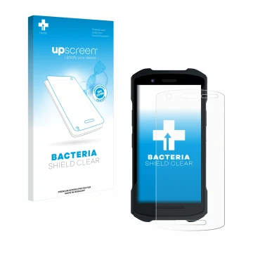 Parte frontal de un envase de producto con el logotipo de la marca upscreen. Al lado se muestra el dispositivo Zebra TC26 con 