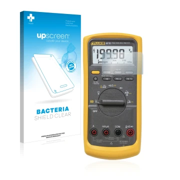 Parte frontal de un envase de producto con el logotipo de la marca upscreen. Al lado se muestra el dispositivo Fluke 87v con s