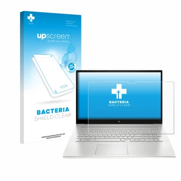 Parte frontal de un envase de producto con el logotipo de la marca upscreen. Al lado se muestra el dispositivo HP Envy 17-cX c