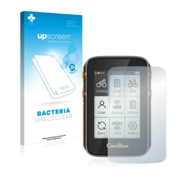 Parte frontal de un envase de producto con el logotipo de la marca upscreen. Al lado se muestra el dispositivo CooSpo BC200 co