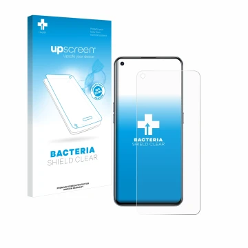 Parte frontal de un envase de producto con el logotipo de la marca upscreen. Al lado se muestra el dispositivo realme GT 5G co
