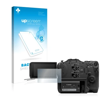 Parte frontal de un envase de producto con el logotipo de la marca upscreen. Al lado se muestra el dispositivo Canon EOS C70 c