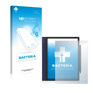 Parte frontal de un envase de producto con el logotipo de la marca upscreen. Al lado se muestra el dispositivo Boox Note Air c