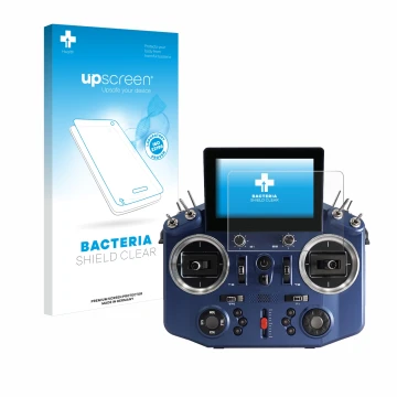 Parte frontal de un envase de producto con el logotipo de la marca upscreen. Al lado se muestra el dispositivo FrSky Horus X20