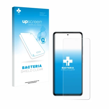 Parte frontal de un envase de producto con el logotipo de la marca upscreen. Al lado se muestra el dispositivo Xiaomi Poco F3 