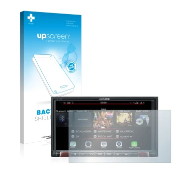 Parte frontal de un envase de producto con el logotipo de la marca upscreen. Al lado se muestra el dispositivo Alpine iLX-702D