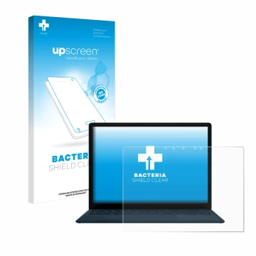 Parte frontal de un envase de producto con el logotipo de la marca upscreen. Al lado se muestra el dispositivo Microsoft Surfa