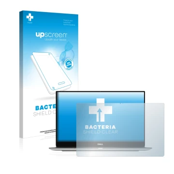 Parte frontal de un envase de producto con el logotipo de la marca upscreen. Al lado se muestra el dispositivo Dell XPS 13 930