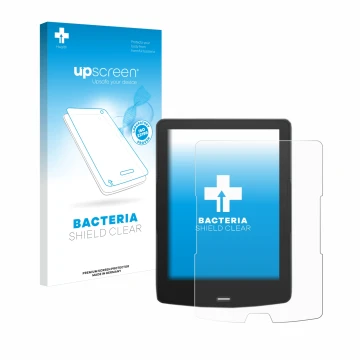 Parte frontal de un envase de producto con el logotipo de la marca upscreen. Al lado se muestra el dispositivo inkBOOK Calypso