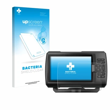 Parte frontal de un envase de producto con el logotipo de la marca upscreen. Al lado se muestra el dispositivo Garmin Striker 
