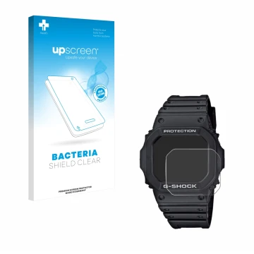 Parte frontal de un envase de producto con el logotipo de la marca upscreen. Al lado se muestra el dispositivo Casio G-Shock G