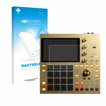 Parte frontal de un envase de producto con el logotipo de la marca upscreen. Al lado se muestra el dispositivo Akai MPC One co