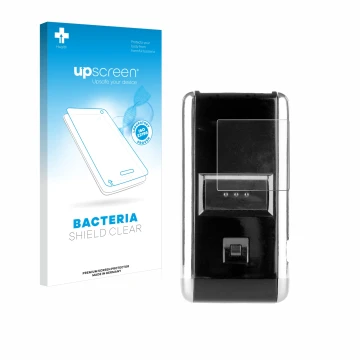 Parte frontal de un envase de producto con el logotipo de la marca upscreen. Al lado se muestra el dispositivo Opticon OPN-200