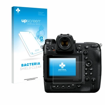 Parte frontal de un envase de producto con el logotipo de la marca upscreen. Al lado se muestra el dispositivo Nikon Z 9 con s