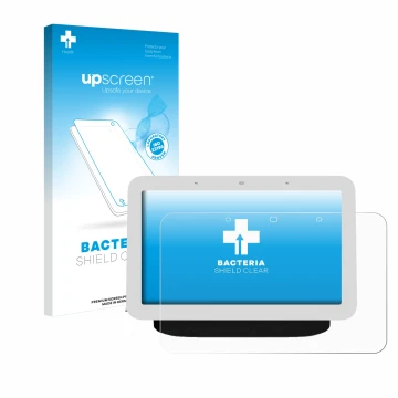 Parte frontal de un envase de producto con el logotipo de la marca upscreen. Al lado se muestra el dispositivo Google Nest Hub