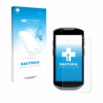 Parte frontal de un envase de producto con el logotipo de la marca upscreen. Al lado se muestra el dispositivo Zebra TC52x con