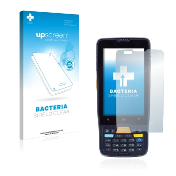Parte frontal de un envase de producto con el logotipo de la marca upscreen. Al lado se muestra el dispositivo Datalogic Memor