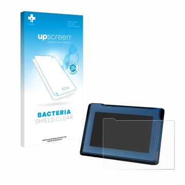 Parte frontal de un envase de producto con el logotipo de la marca upscreen. Al lado se muestra el dispositivo KTM 1290 Super 