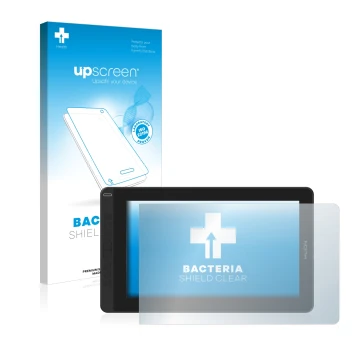 Parte frontal de un envase de producto con el logotipo de la marca upscreen. Al lado se muestra el dispositivo Huion Kamvas 13