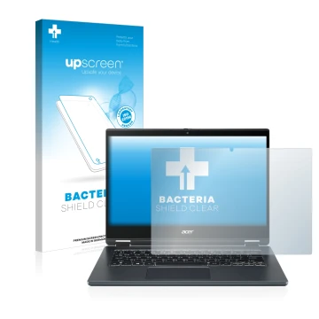 Parte frontal de un envase de producto con el logotipo de la marca upscreen. Al lado se muestra el dispositivo Acer TravelMate