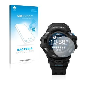 Parte frontal de un envase de producto con el logotipo de la marca upscreen. Al lado se muestra el dispositivo Casio G-Shock G