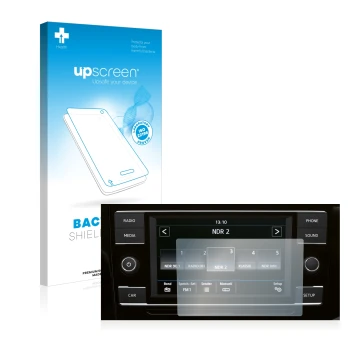 Parte frontal de un envase de producto con el logotipo de la marca upscreen. Al lado se muestra el dispositivo Volkswagen T6.1