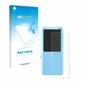 Parte frontal de un envase de producto con el logotipo de la marca upscreen. Al lado se muestra el dispositivo AGPtek A19X con