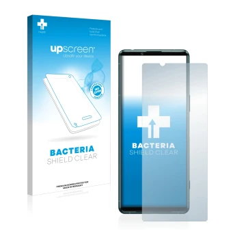 Parte frontal de un envase de producto con el logotipo de la marca upscreen. Al lado se muestra el dispositivo Sony Xperia 5 I