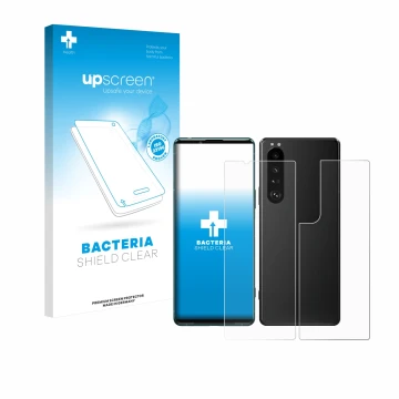 Parte frontal de un envase de producto con el logotipo de la marca upscreen. Al lado se muestra el dispositivo Sony Xperia 5 I