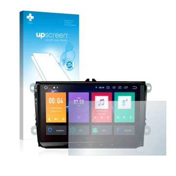 Parte frontal de un envase de producto con el logotipo de la marca upscreen. Al lado se muestra el dispositivo Xtrons PBE90MTV