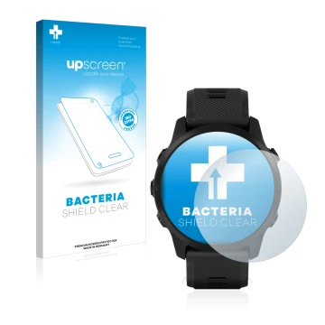 Parte frontal de un envase de producto con el logotipo de la marca upscreen. Al lado se muestra el dispositivo Garmin Forerunn