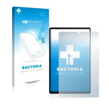 Parte frontal de un envase de producto con el logotipo de la marca upscreen. Al lado se muestra el dispositivo Lenovo Tab M10 