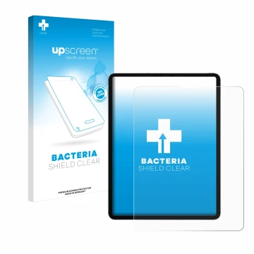 Parte frontal de un envase de producto con el logotipo de la marca upscreen. Al lado se muestra el dispositivo Apple iPad Pro 