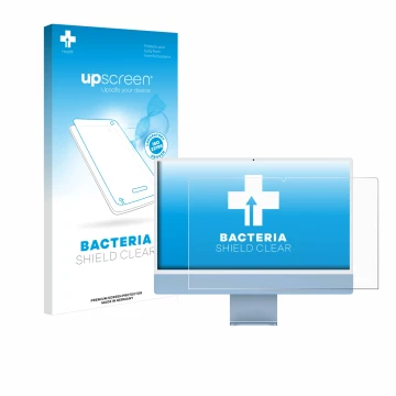 Parte frontal de un envase de producto con el logotipo de la marca upscreen. Al lado se muestra el dispositivo Apple iMac 24