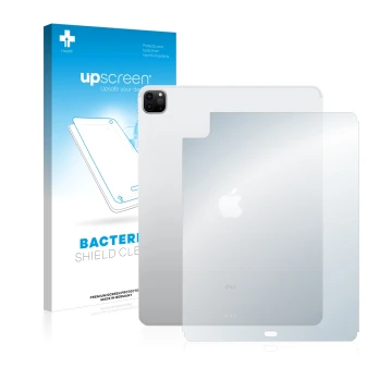 Parte frontal de un envase de producto con el logotipo de la marca upscreen. Al lado se muestra el dispositivo Apple iPad 12.9