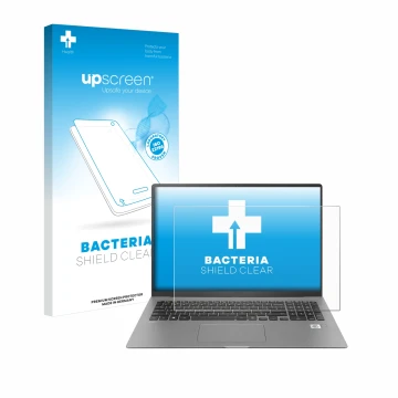 Parte frontal de un envase de producto con el logotipo de la marca upscreen. Al lado se muestra el dispositivo LG gram 17'' 20