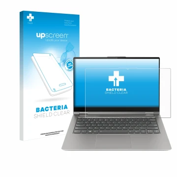 Parte frontal de un envase de producto con el logotipo de la marca upscreen. Al lado se muestra el dispositivo Lenovo ThinkBoo