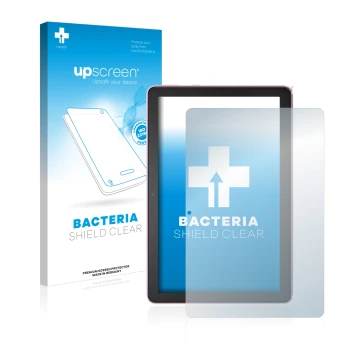 Parte frontal de un envase de producto con el logotipo de la marca upscreen. Al lado se muestra el dispositivo Amazon Fire HD 