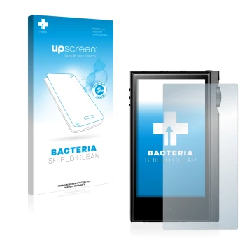 Parte frontal de un envase de producto con el logotipo de la marca upscreen. Al lado se muestra el dispositivo Astell&Kern Kan
