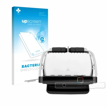 Parte frontal de un envase de producto con el logotipo de la marca upscreen. Al lado se muestra el dispositivo Tefal OptiGrill