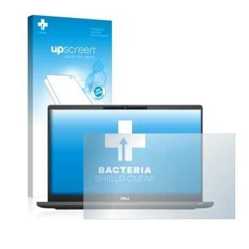 Parte frontal de un envase de producto con el logotipo de la marca upscreen. Al lado se muestra el dispositivo Dell Latitude 7