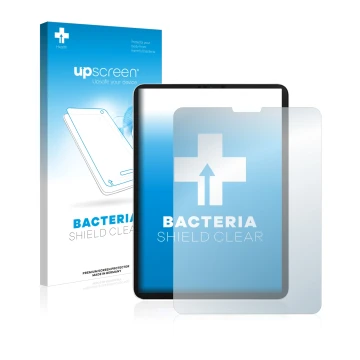 Parte frontal de un envase de producto con el logotipo de la marca upscreen. Al lado se muestra el dispositivo Apple iPad Pro 
