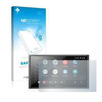 Parte frontal de un envase de producto con el logotipo de la marca upscreen. Al lado se muestra el dispositivo Pioneer SPH-EVO