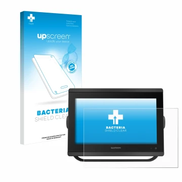 Parte frontal de un envase de producto con el logotipo de la marca upscreen. Al lado se muestra el dispositivo Garmin GPSMAP 8