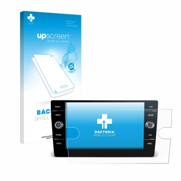 Parte frontal de un envase de producto con el logotipo de la marca upscreen. Al lado se muestra el dispositivo Volkswagen T6 2