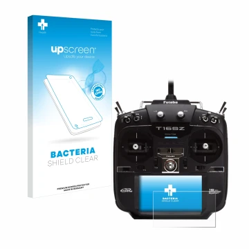 Parte frontal de un envase de producto con el logotipo de la marca upscreen. Al lado se muestra el dispositivo Robbe Futaba T1