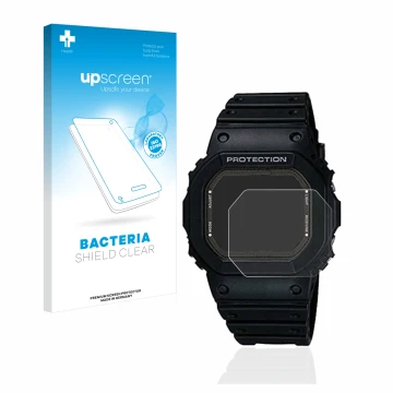 Parte frontal de un envase de producto con el logotipo de la marca upscreen. Al lado se muestra el dispositivo Casio G-Shock G