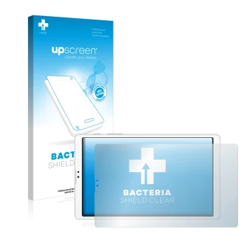 Parte frontal de un envase de producto con el logotipo de la marca upscreen. Al lado se muestra el dispositivo Samsung Galaxy 